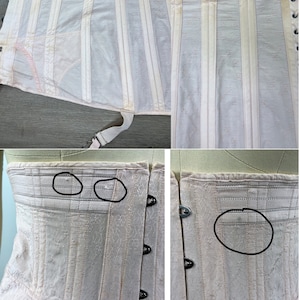 May include: A vintage pink corset with boning and a lace pattern. The corset has a hook and eye closure in the front and a lace-up back. The corset has garter straps attached to the bottom.
