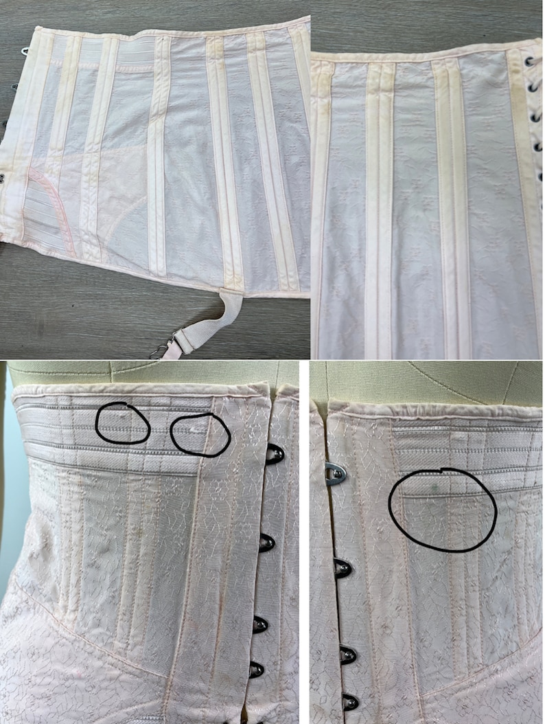 May include: A vintage pink corset with boning and a lace pattern. The corset has a hook and eye closure in the front and a lace-up back. The corset has garter straps attached to the bottom.