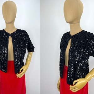 Vintage 1950s Black Sequin Cardigan Sweater.  3/4 Length Sleeve.  Vintage Peter Freund Size 34