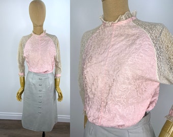 Vintage Victorian/Edwardian Pink Cotton Jacquard Pigeon Breast Blouse with Delicate Floral Ivory Lace Sleeves, Handmade.