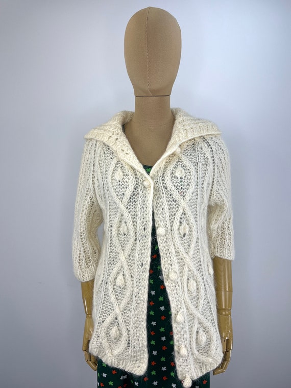 Vintage 1960s/1970s Fuzzy Ivory Hand Knit Cardiga… - image 3