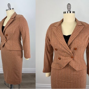 Vintage 1980s/1990s Pumpkin Colored Wool Pinstripe Double Breasted Skirt Suit. Custom Made Pumpkin with Charcoal & Off-White Pinstripe Suit