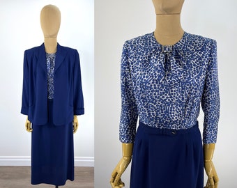 Vintage 1940s Blue Silk and Wool Dress Suit with Abstract Print, Neck Bow and Rhinestone Brooch.  Matching Fabric Covered Belt