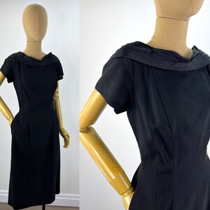 Vintage Late 1950s/Early 1960s Wiggle Dress, Little Black Dress, Wool Wiggle Dress with Pleated Silk Satin Collar