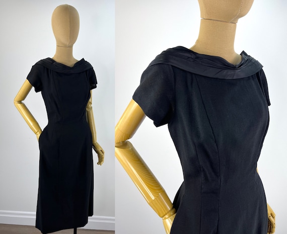 Vintage Late 1950s early 1960s Wiggle Dress Little Black Dress Wool Wiggle Dress With Pleated Silk Satin Collar Etsy UK