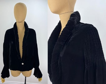 Vintage 1930s Black Velvet Short Evening Jacket. Single Rhinestone Button, Rolled, Padded and Slightly Ruched Collar and Smocked Shoulder