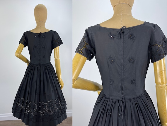 Vintage 1950s Black Cotton Floral Eyelet Dress wi… - image 6