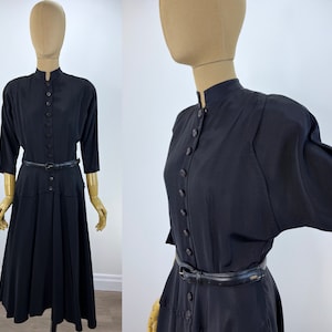 Vintage Late 1940s/Early 1950s Black Faille Dress.  Full Skirt, Dolman Sleeve, Dropped Waist Yoke, Great Vintage Buttons