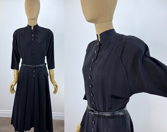 Vintage Late 1940s/Early 1950s Black Faille Dress.  Full Skirt, Dolman Sleeve, Dropped Waist Yoke, Great Vintage Buttons