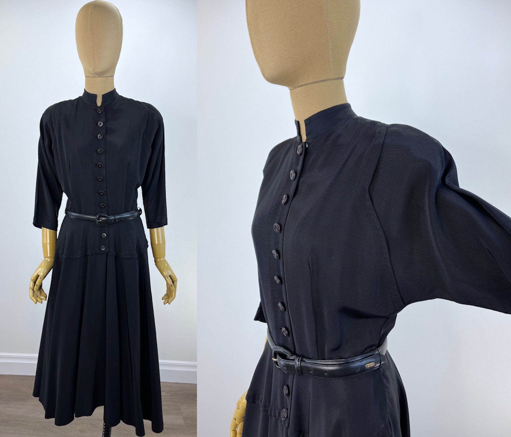 Vintage Late 1940S/Early 1950S Black Faille Dress. Full Skirt, Dolman Sleeve, Dropped Waist Yoke, Great Buttons
