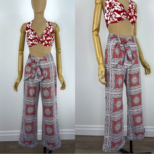 Vintage 1960s Red, White and Blue Bold Paisley Wide Leg, Cuffed Pants With Matching Sash