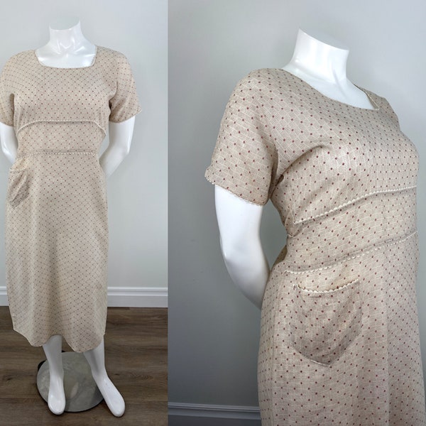 Vintage 1930s Tan and White Cotton Print Dress with Burgundy Diamonds, Dust Bowl Era Dress. White Rick Rack & Pocket. Great Vintage Size