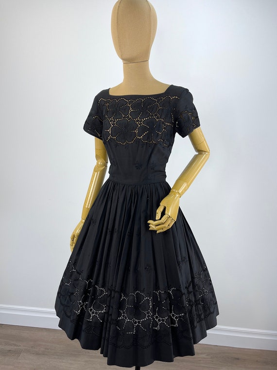 Vintage 1950s Black Cotton Floral Eyelet Dress wi… - image 2