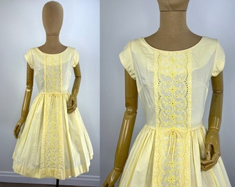 Vintage 1950s Yellow Cotton Dress with a Full Skirt and Embroidered Panels.  1950s Yellow Embroidered Fit and Flare Dress