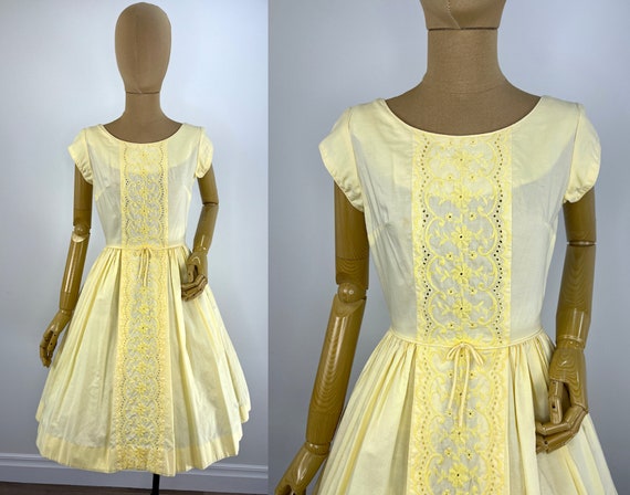 Vintage 1950s Yellow Cotton Dress with a Full Ski… - image 1