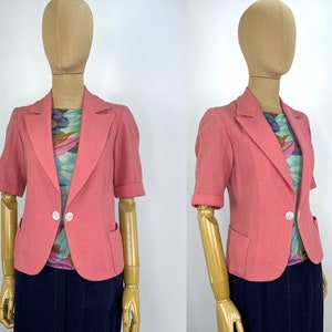 Vintage 1970s Handmade Adorable Pink Wool Blazer with Double Button Closure and Patch Pockets.  Bubble Gum Pink Short Sleeve Wool Blazer