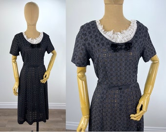 Vintage 1930s Black Cotton Eyelet Dress with Velvet Bow and White Neck Ruffle, Handmade