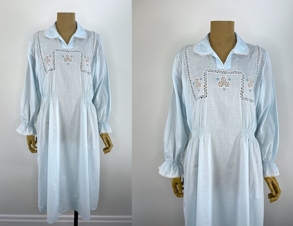 Vintage Pale Blue Cotton Nightgown with Crocheted… - image 1