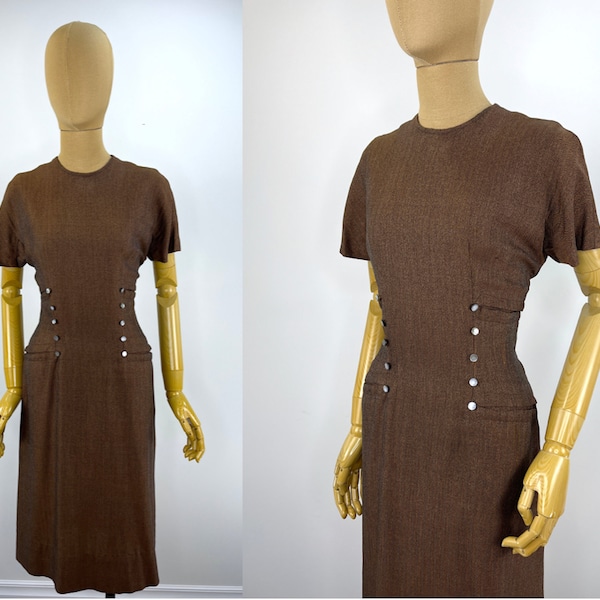 Vintage 1950s Brown Herringbone Wiggle Dress with Button Accents and Faux Welt Pockets