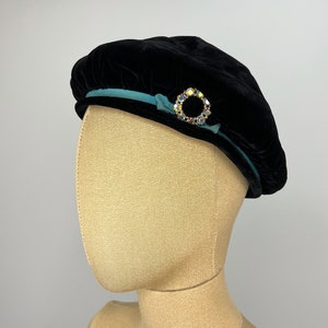 Vintage 1940s/1950s Black Velvet Beret Style Hat with Pied Crown. Turquoise Grosgrain Hat Band and Iridescent Rhinestone Circle Deco