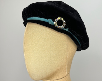 Vintage 1940s/1950s Black Velvet Beret Style Hat with Pied Crown. Turquoise Grosgrain Hat Band and Iridescent Rhinestone Circle Deco