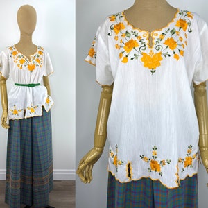 Vintage 1960s/1970s White Boho Blouse with Yellow Floral Embroidery