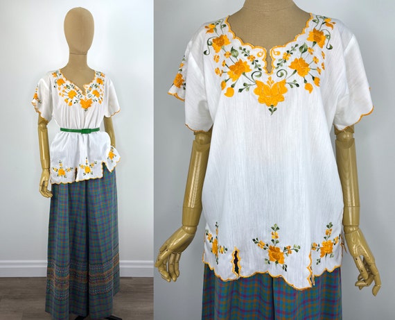 Vintage 1960s/1970s White Boho Blouse with Yellow… - image 1