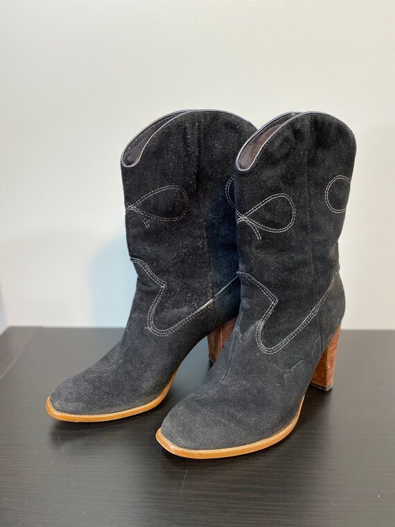 Vintage Black Suede Cowboy Boots with White Contra