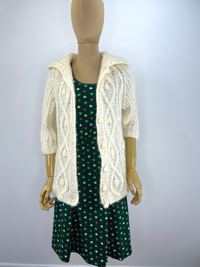 Vintage 1960s/1970s Fuzzy Ivory Hand Knit Cardigan by Montgomery Ward, Cable Knit Cardigan image 2