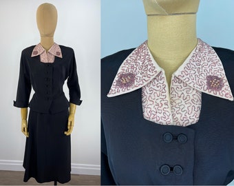 Vintage Late 1940s/Early 1950s Black Faille Skirt Suit with Pink Beaded Dickie Collar and A-Line Skirt.  Double Covered Button Closure