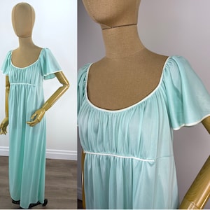 Vintage 1970s Sea Foam Green Nylon Full Length Negligee with Empire Waist and Flutter Sleeve. 1960s Aqua Nightgown By Avian, Size Large