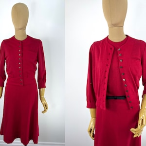 Vintage 1950s Red Wool Dress and Jacket Set by Chanella.  Fit and Flare Dress with Unstructured Jacket.  Sag-No-Mor Jersey