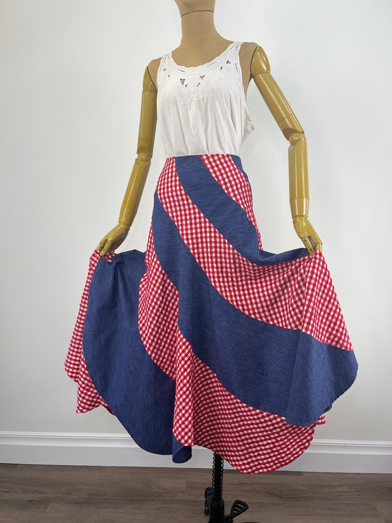 Vintage 1970s Red and White Gingham and Blue Cott… - image 3