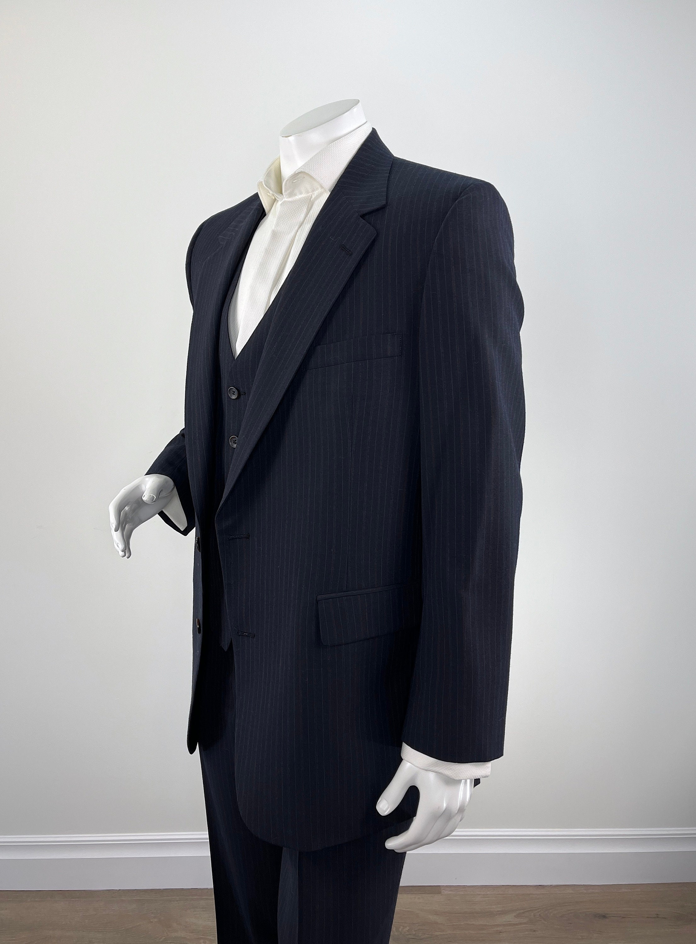 Vintage 1990s/2000s Navy Blue Striped Bill Blass 3 Piece Suit