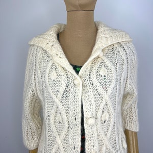 Vintage 1960s/1970s Fuzzy Ivory Hand Knit Cardigan by Montgomery Ward, Cable Knit Cardigan image 9