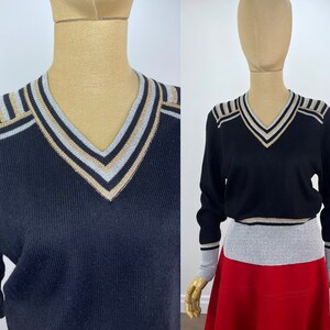 Vintage 1970s Black Sweater with Metallic Silver and Gold Accents by Monrose Knitwear Size Medium