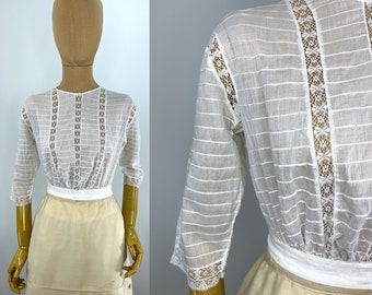 Vintage Victorian/Edwardian White Cotton Voile Blouse with Tiny Horizontal Pintucks and Vertical Lace Insets, Center Back Buttons