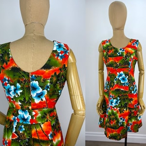 Vintage 1960s Red and Green Hawaiian A-Line Dress with Back Waist Tab and Buttons By Hukilau Fashions, Made in Honolulu