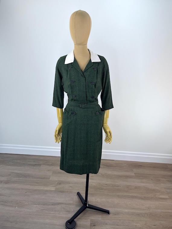 vintage green plaid dress 1950s Vintage Purple & Green Plaid Wool Dress, Vest, and Scarf 3 Piece Set main image 1