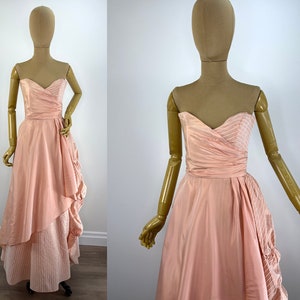 Vintage 1950s Deadstock Pink/Peach Iridescent Taffeta Prom Dress. Never Worn Pink 1950s Taffeta and Striped Taffeta Full Length Prom Dress