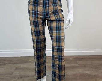 Vintage 1970s Men&#39;s Tan, Blue, Yellow & Brown Plaid Pants with a High Waist, Wide Belt Loops and Angled Pockets by Mustang by Haggar