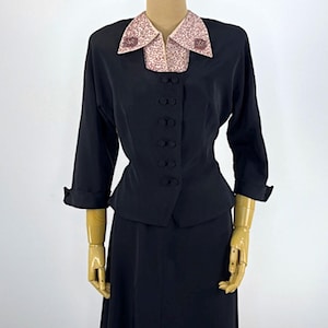 Vintage Evening Suit Late 1940s Early 1950s Black Faille Jacket Beaded Collar Two Piece Formal Wear Nipped Waist Style Retro Cocktail Attire Dusty Rose Pearl Seed Bead Details A Line Skirt Ensemble Authentic Mid Century Fashion Double