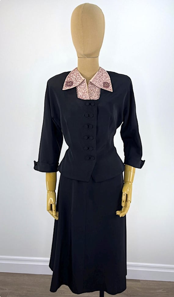 Vintage Evening Suit 1940s Black Faille Jacket Beaded Collar Outfit 1950s Formal Wear 1950s Nipped Waist Retro Cocktail Attire Two Piece