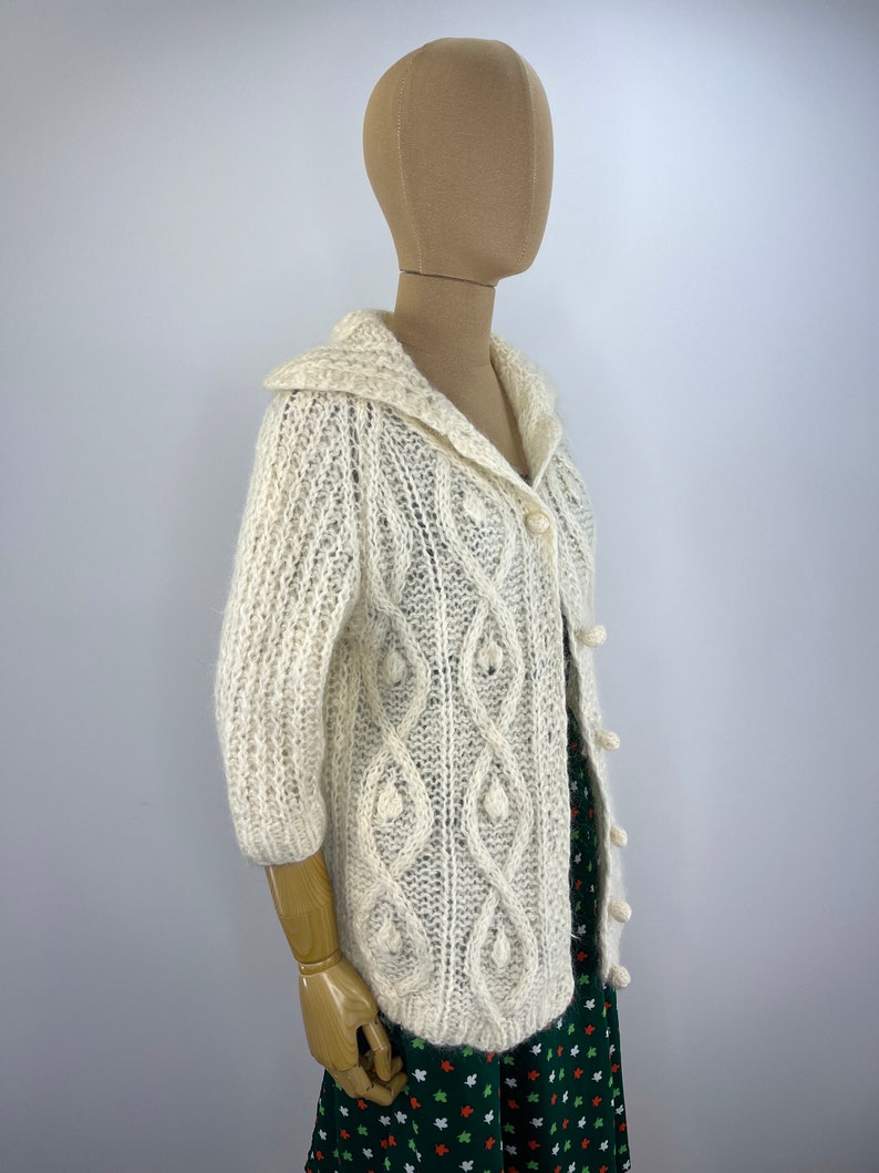 Vintage 1960s/1970s Fuzzy Ivory Hand Knit Cardigan by Montgomery Ward, Cable Knit Cardigan image 7