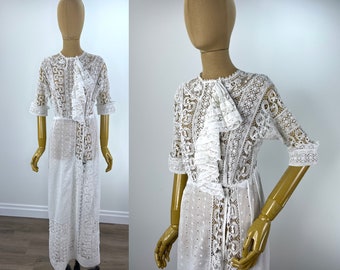 Vintage Edwardian/1910s Cotton Lawn and Crochet Lace Afternoon Dress with Crochet Buttons and Waterfall Drape