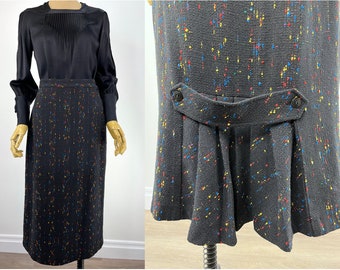 Vintage 1980s Black Wool Tweed Skirt with Primary Color Specks and Back Pleated Hem Panel.  1980s Does 1930s.  Size 7/8 but Haberdasher