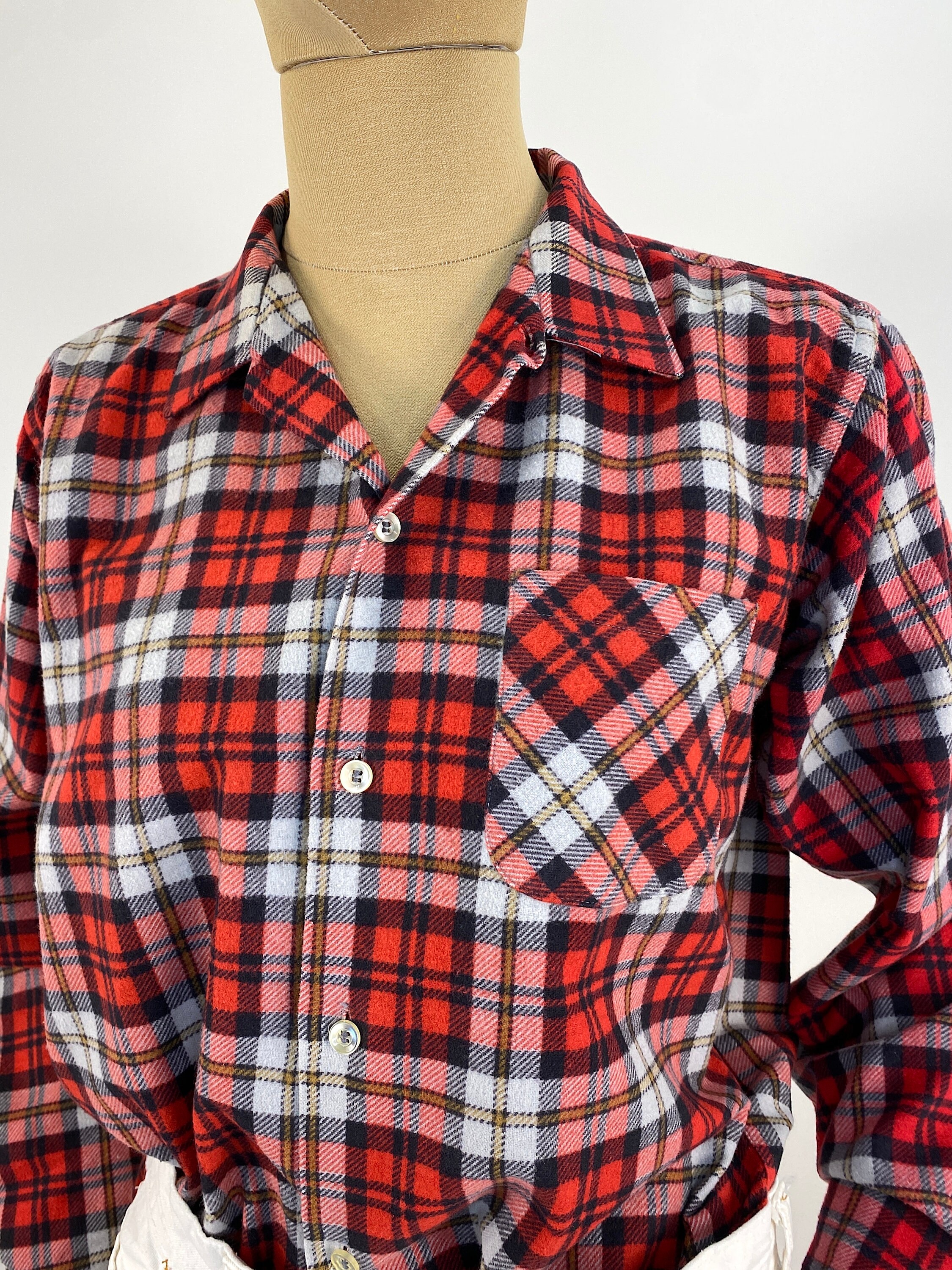Vintage 1950s Red, White and Black Plaid Flannel Shirt