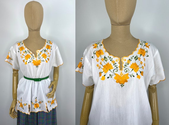 Vintage 1960s/1970s White Boho Blouse with Yellow… - image 2