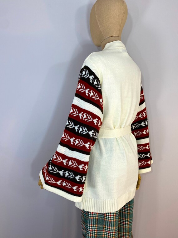 Vintage 1970s Ivory Tie Cardigan with Burgundy, B… - image 4