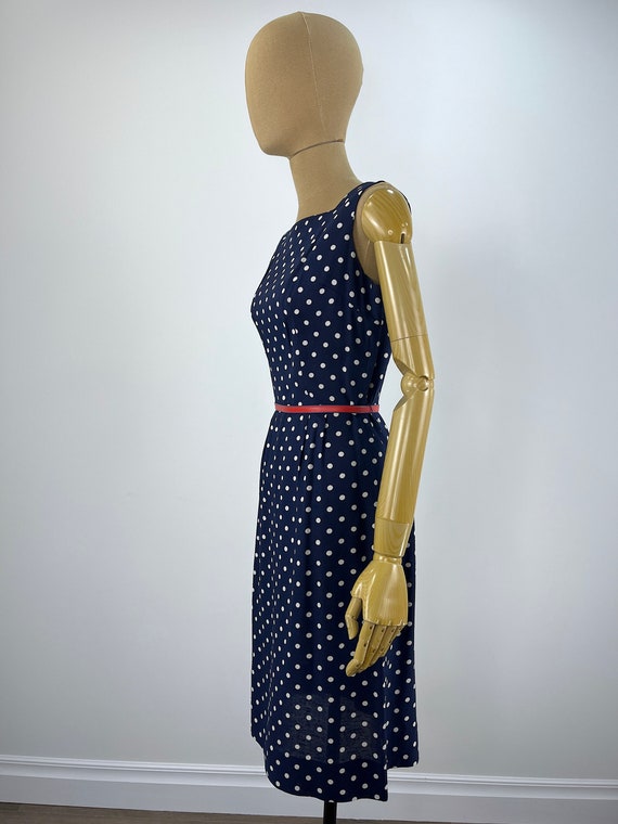 Vintage 1960s Navy and White Polka Dot Sheath Dre… - image 3